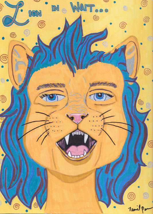 Lion in Wait - 5x7, Grunge Naive Art Print (digital download)