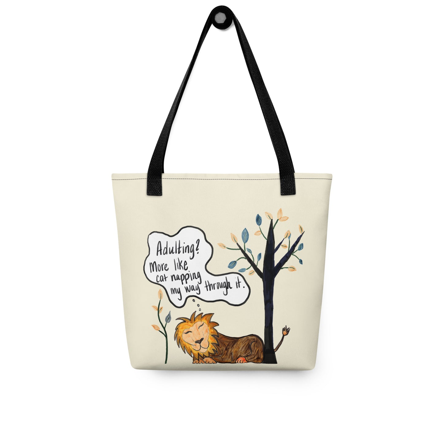 Adulting Nap Lion all-over print tote bag with black straps showing sleeping lion and sarcastic quote – GrungePup Sarcastic Affirmations lazy vibes accessory