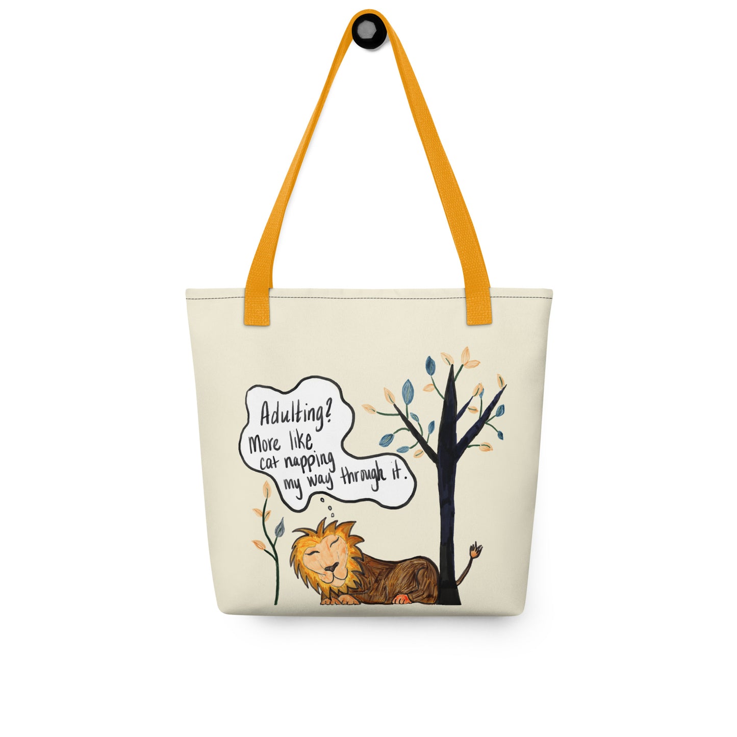 Adulting Nap Lion all-over print tote bag with yellow straps showing cat napping lion design – funny adulting affirmation tote by GrungePup Sarcastic Affirmations