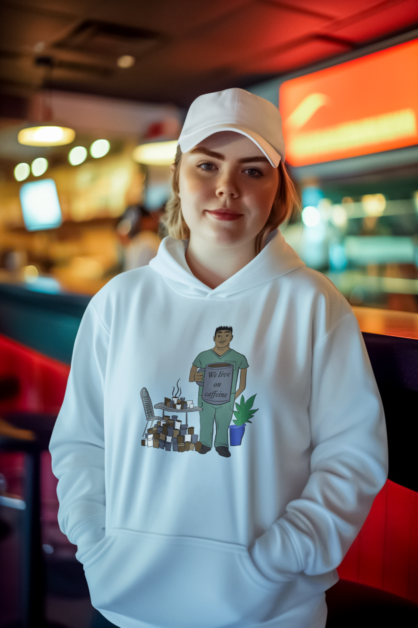 Woman in white hat wearing sky blue Adulting Nap Lion hoodie – funny adulting nap lion design by GrungePup Sarcastic Affirmations