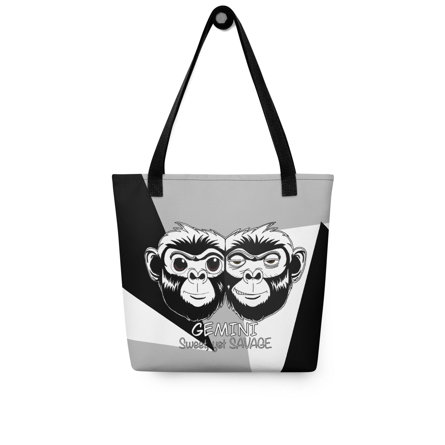 Back view of the Gemini Sweet Yet Savage tote bag showing the complementary monkey design