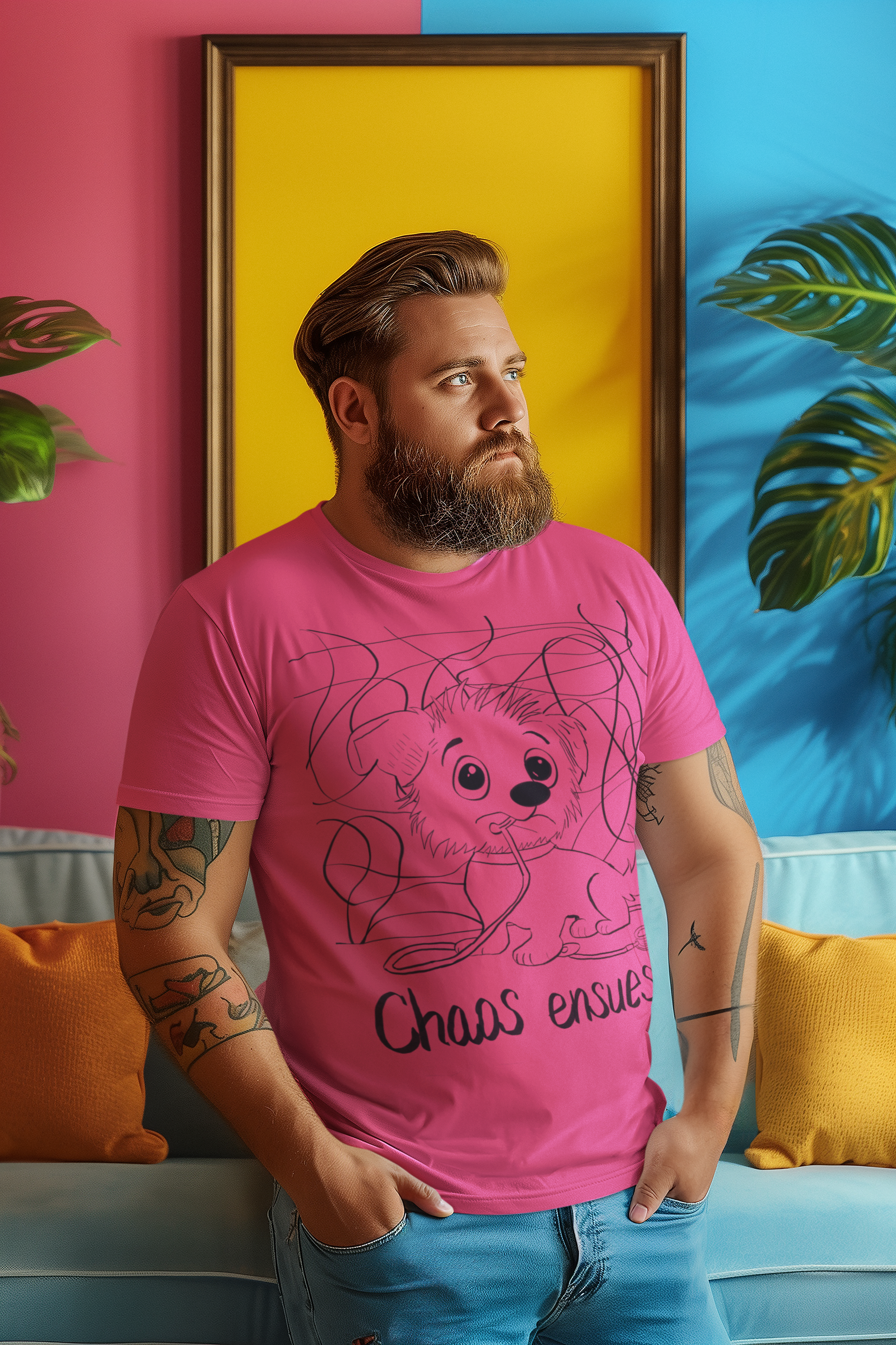 Tattooed man with beard wearing bright pink Chaos Ensues t-shirt in front of colorful wall