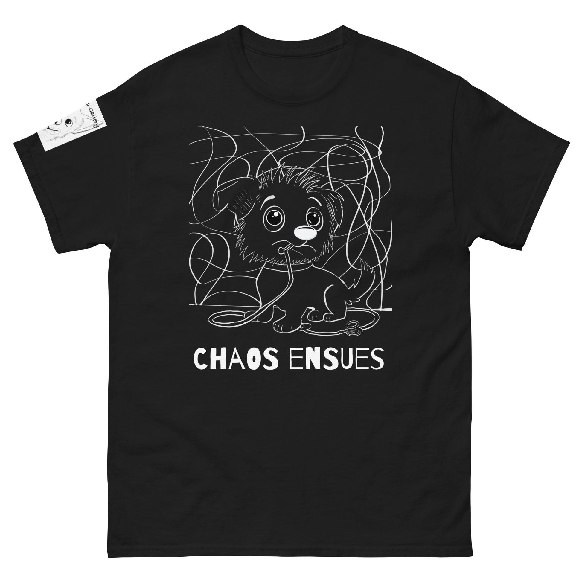 Chaos Ensues black t-shirt with white ink chaotic vet dog line drawing and 'CHAOS ENSUES' text – GrungePup Vet Chaos humor apparel