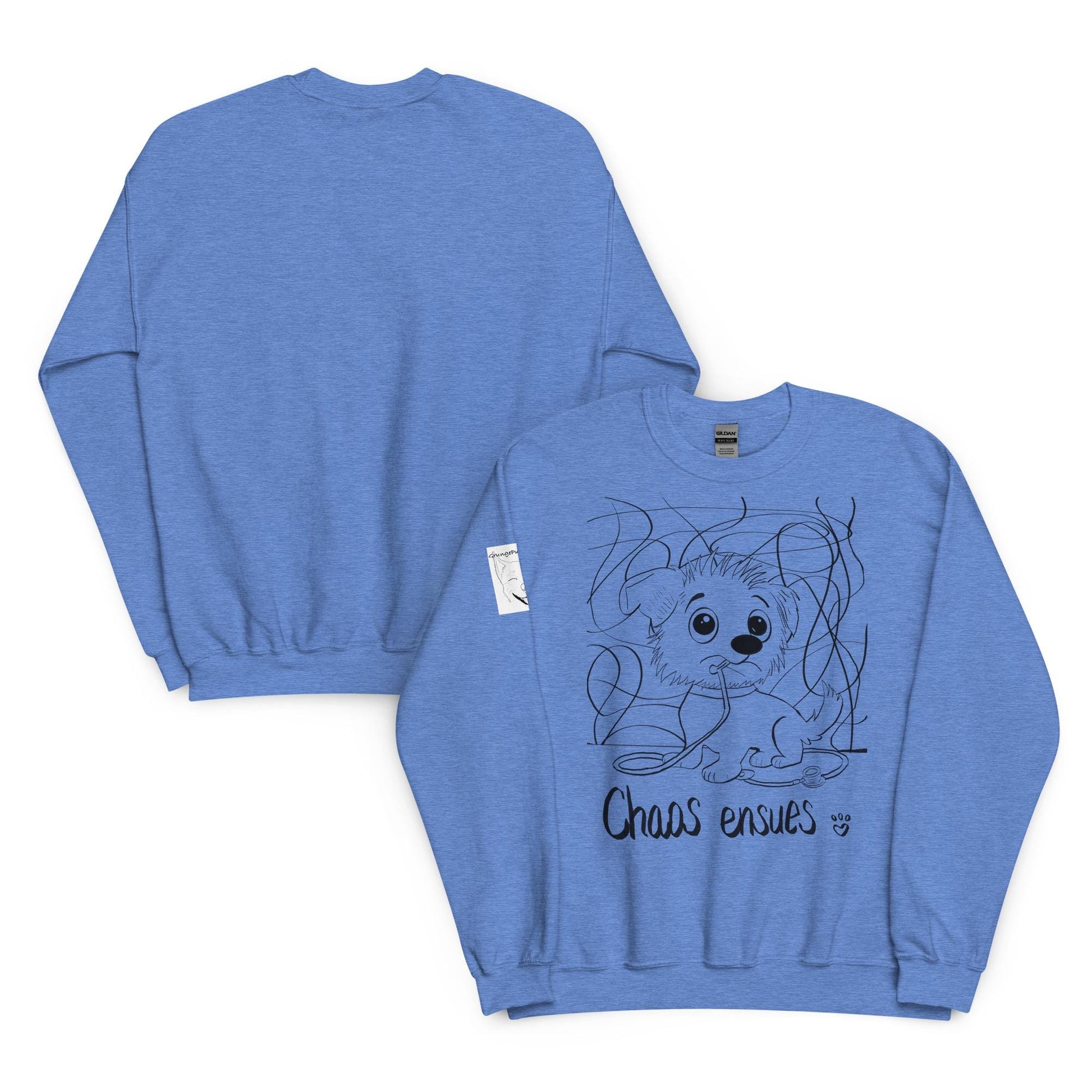 Chaos Ensues blue heather sweatshirt with funny chaotic vet med dog design – front and back view – GrungePup Vet Chaos humor apparel