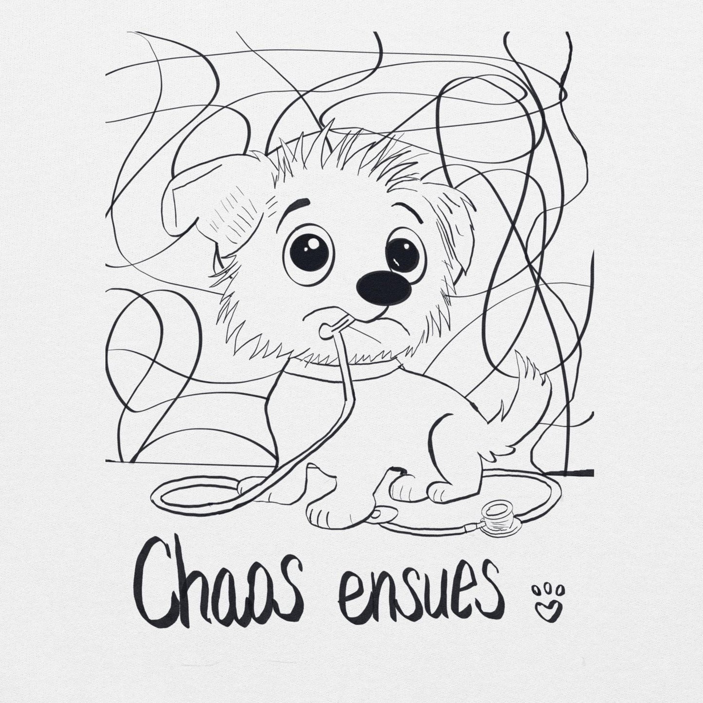 Chaos Ensues cartoon dog line drawing with stethoscope and text 'Chaos Ensues' – GrungePup Vet Chaos humor design on white background