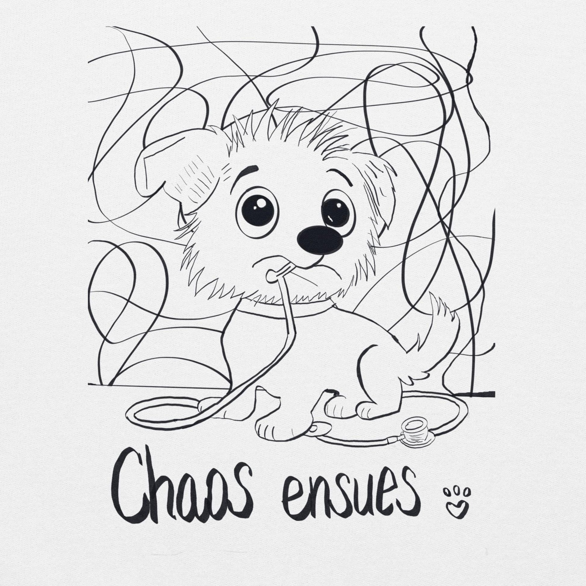 Chaos Ensues cartoon dog line drawing with stethoscope and text 'Chaos Ensues' – GrungePup Vet Chaos humor design on white background