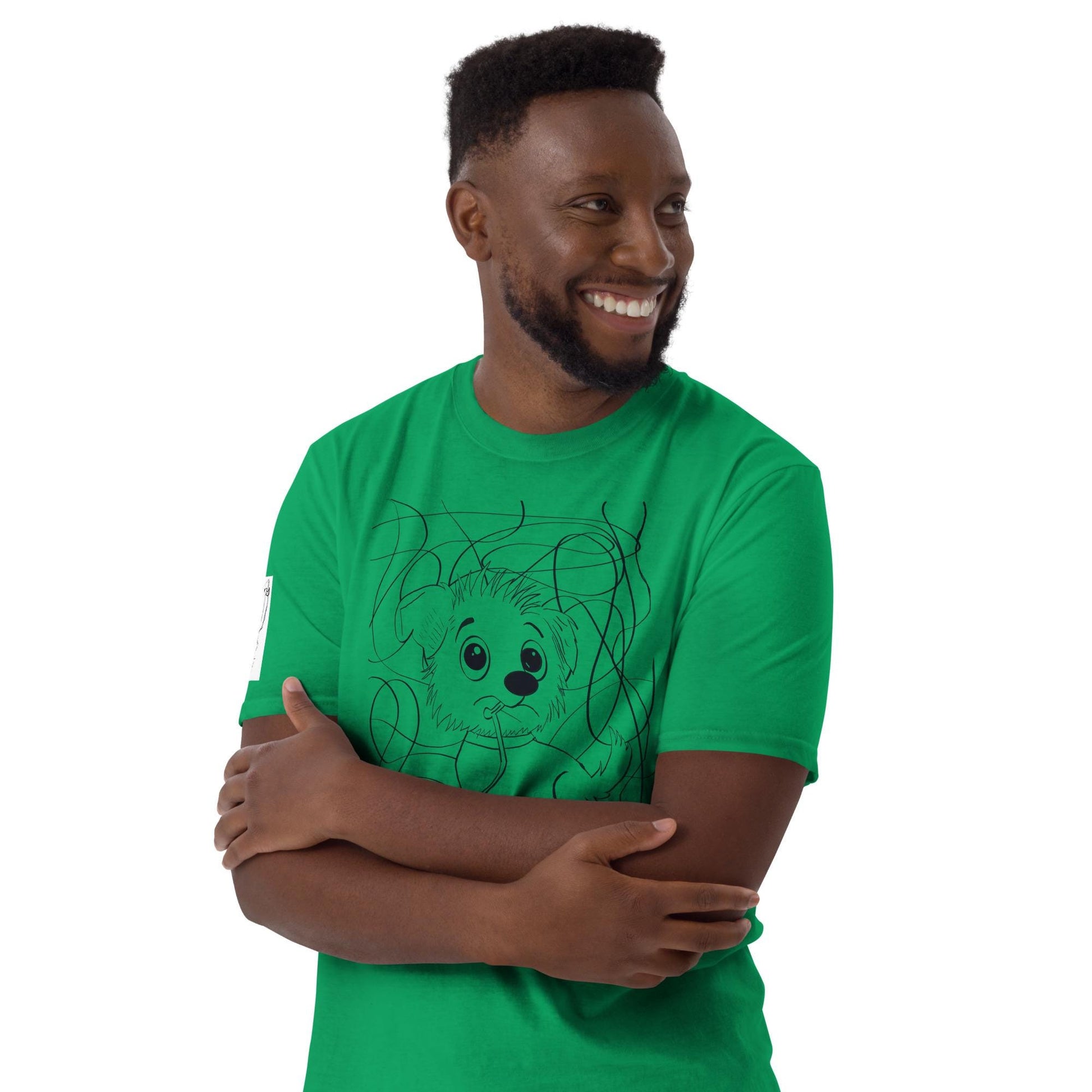 Man wearing green Chaos Ensues t-shirt with funny chaotic vet med dog design – GrungePup Vet Chaos humor apparel for vet techs