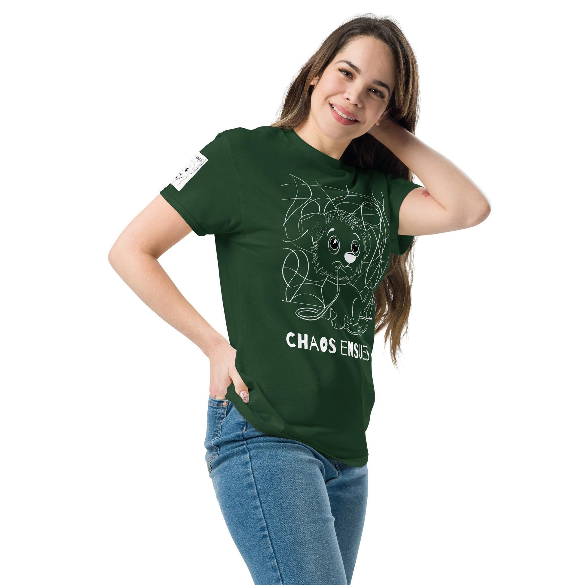Woman wearing green Chaos Ensues white ink t-shirt with chaotic vet dog illustration – GrungePup Vet Chaos humor apparel