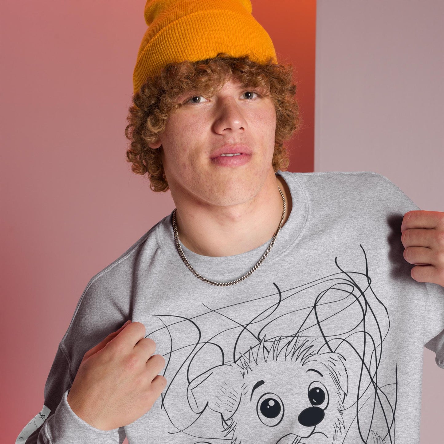 Chaos Ensues grey sweatshirt with funny chaotic vet med dog design on male model wearing orange beanie – GrungePup Vet Chaos humor apparel for vet techs