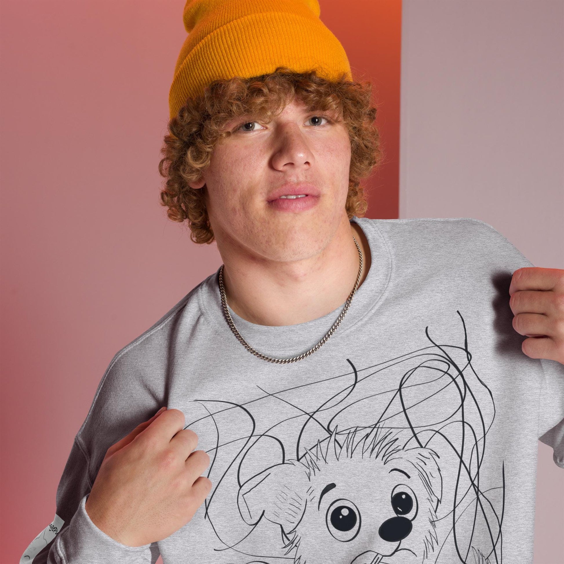 Chaos Ensues grey sweatshirt with funny chaotic vet med dog design on male model wearing orange beanie – GrungePup Vet Chaos humor apparel for vet techs