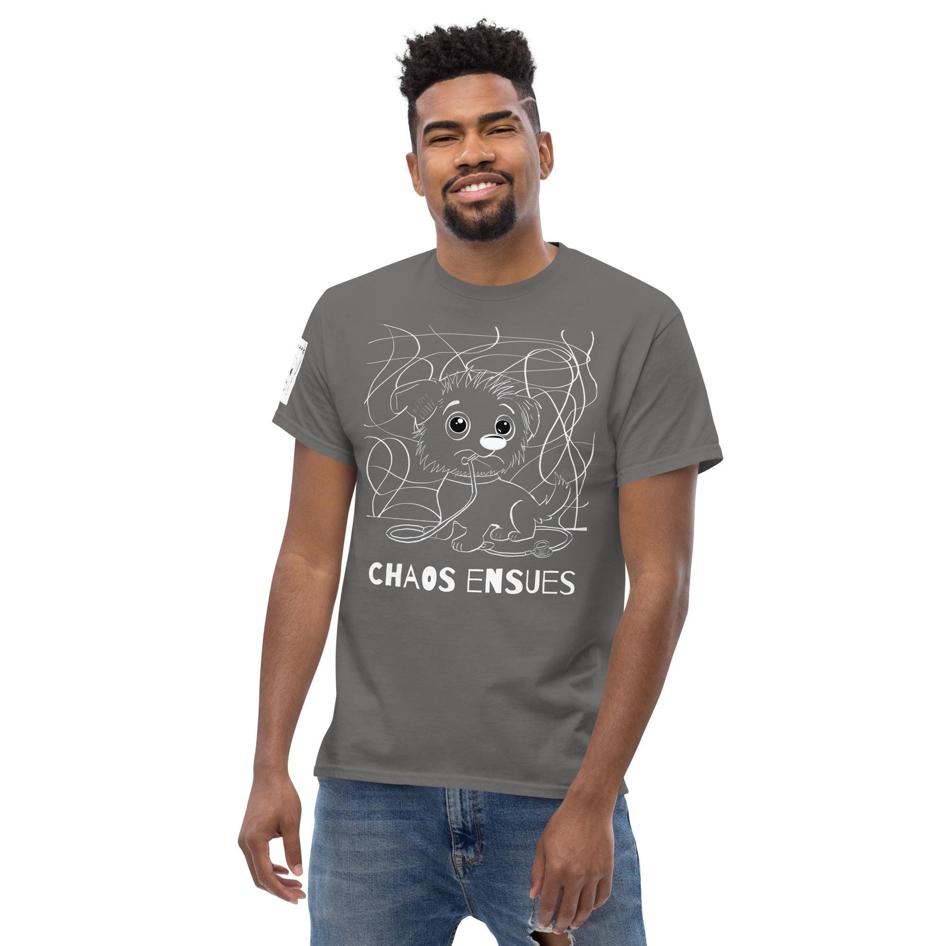 Man wearing grey Chaos Ensues white ink t-shirt with chaotic vet dog line drawing – GrungePup Vet Chaos humor apparel