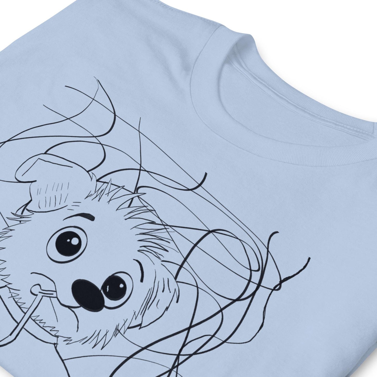 Chaos Ensues light blue t-shirt close-up of chaotic vet dog line drawing with stethoscope – GrungePup Vet Chaos humor design