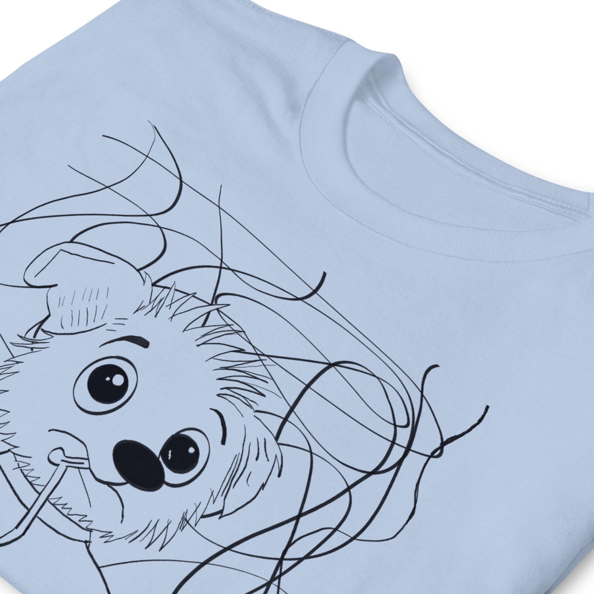 Chaos Ensues light blue t-shirt close-up of chaotic vet dog line drawing with stethoscope – GrungePup Vet Chaos humor design