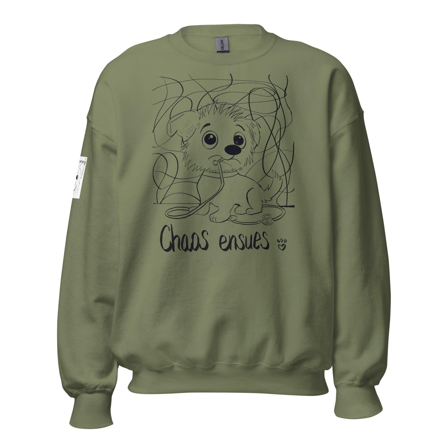 Chaos Ensues military green sweatshirt with funny chaotic vet med dog design – GrungePup Vet Chaos humor apparel for vet techs and animal lovers