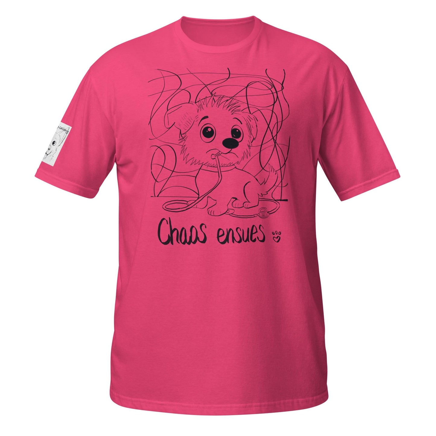 Chaos Ensues pink t-shirt with black line drawing of chaotic vet dog and 'Chaos Ensues' text – GrungePup Vet Chaos collection