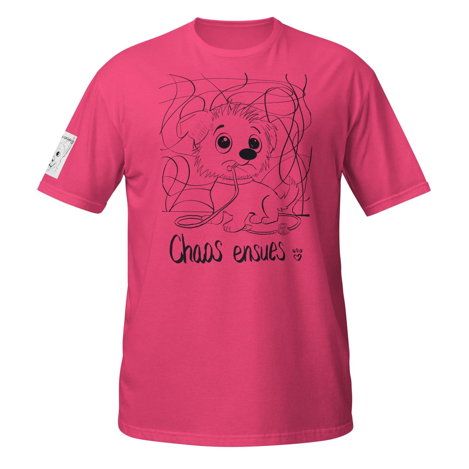 Chaos Ensues pink t-shirt with black line drawing of chaotic vet dog and 'Chaos Ensues' text – GrungePup Vet Chaos collection