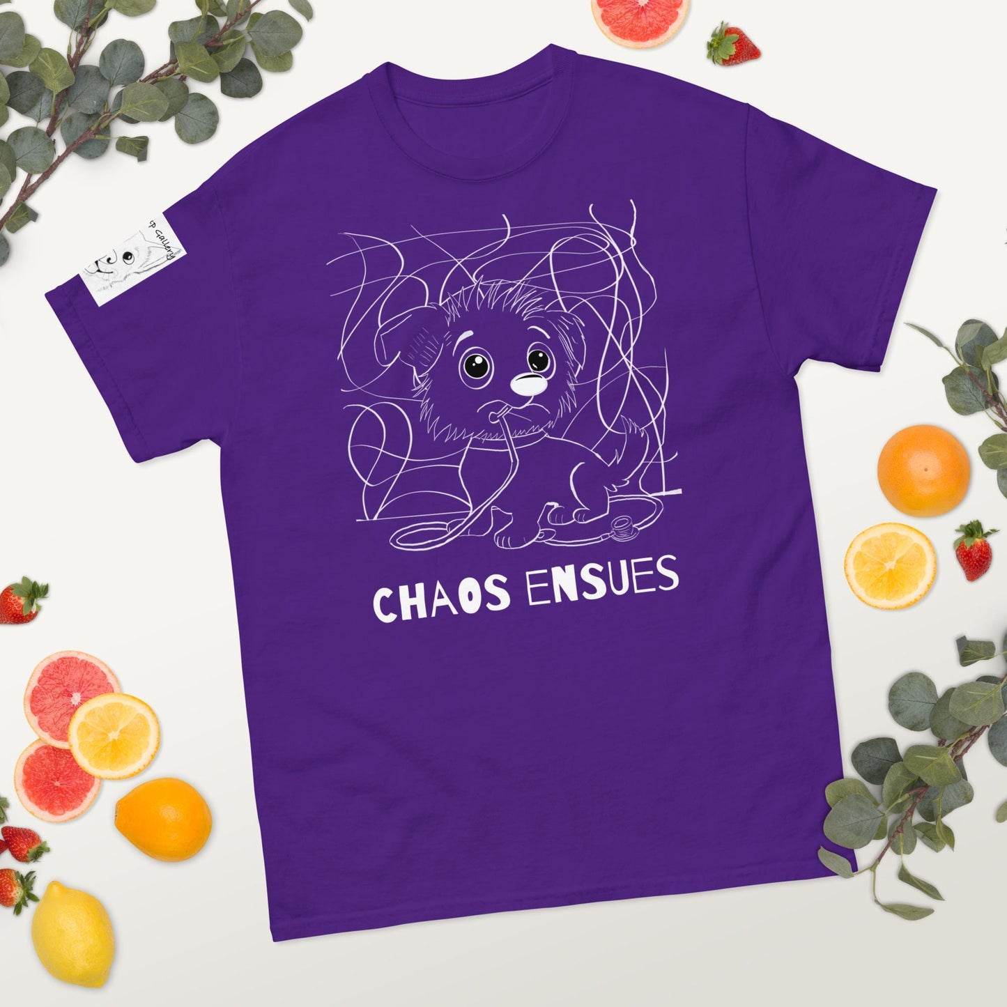 Chaos Ensues purple t-shirt with white ink chaotic vet dog design on flat lay with fruit – GrungePup Vet Chaos collection