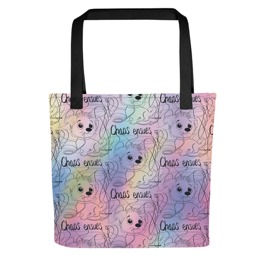 Chaos Ensues rainbow all-over print tote bag with repeating chaotic vet dog design on model – GrungePup Vet Chaos humor tote for vet techs and animal lovers