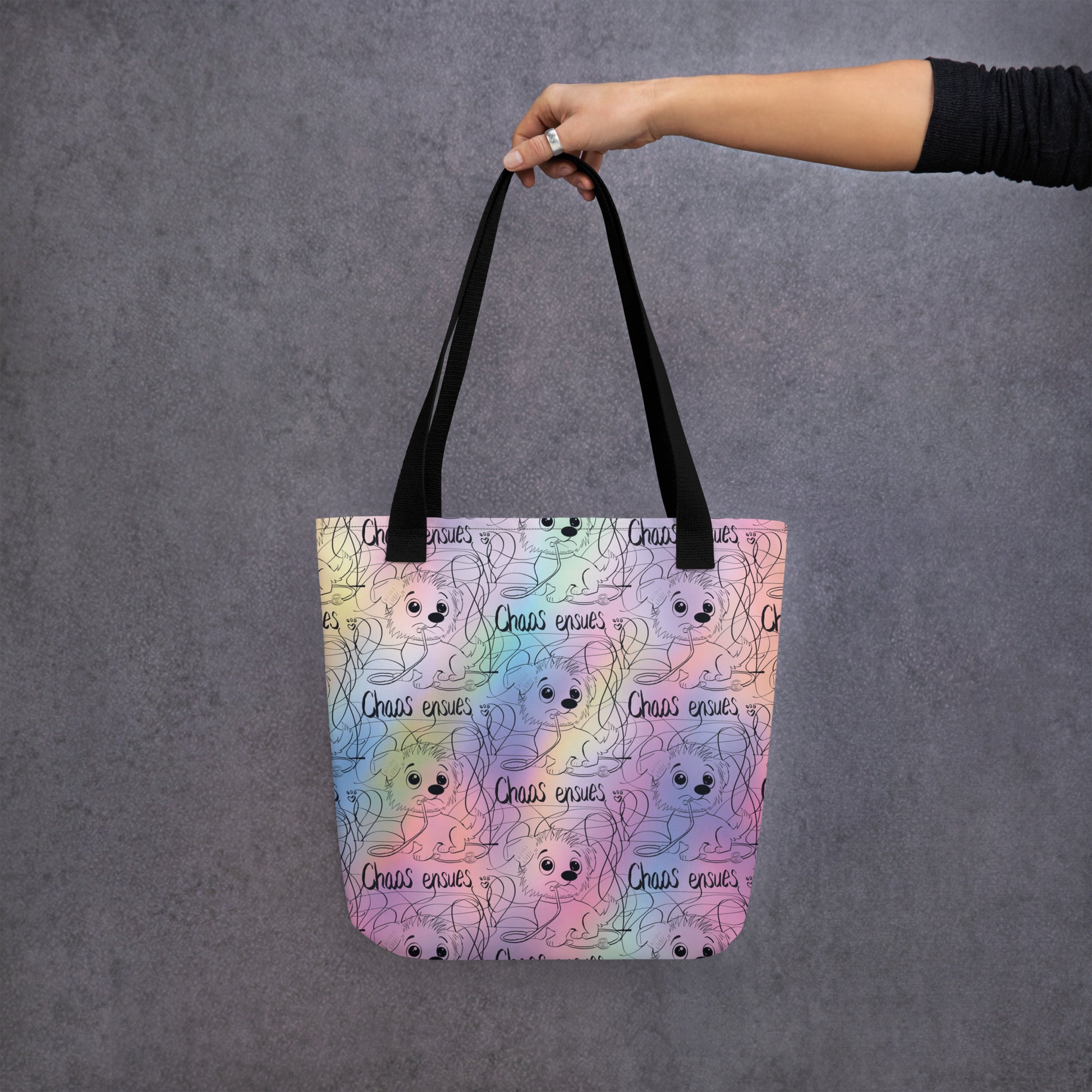 Chaos Ensues Rainbow All-Over Tote Bag - GrungePup Chaotic Vet Vibe