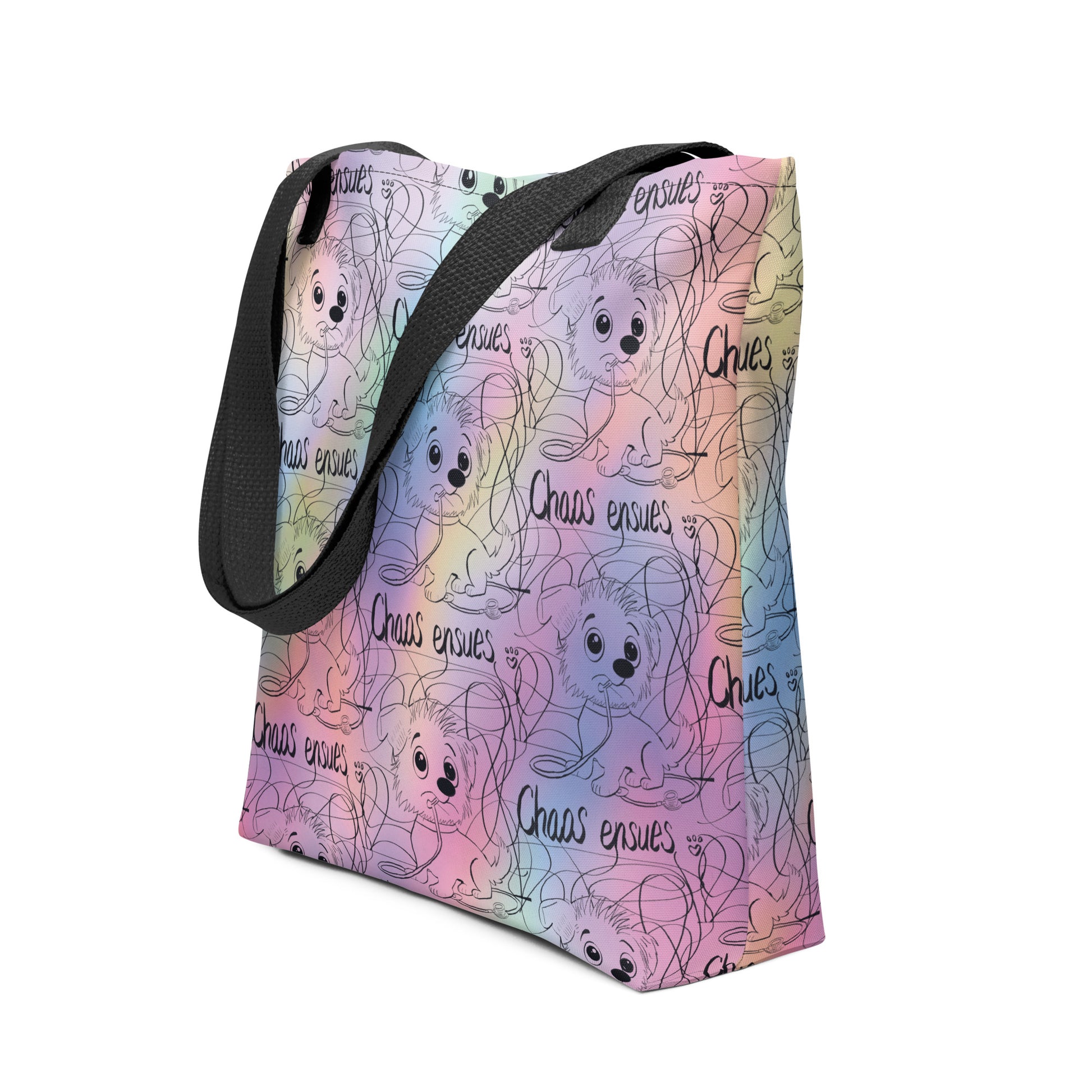Chaos Ensues rainbow tote bag with repeating cartoon dog and 'Chaos Ensues' text – all-over print GrungePup Vet Chaos design
