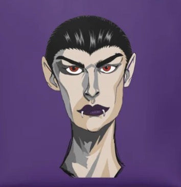 Close-up of the Emo Vamp tote design: graphic vampire face on black with widow’s peak, red eyes, purple mouth, and fangs all on purple background