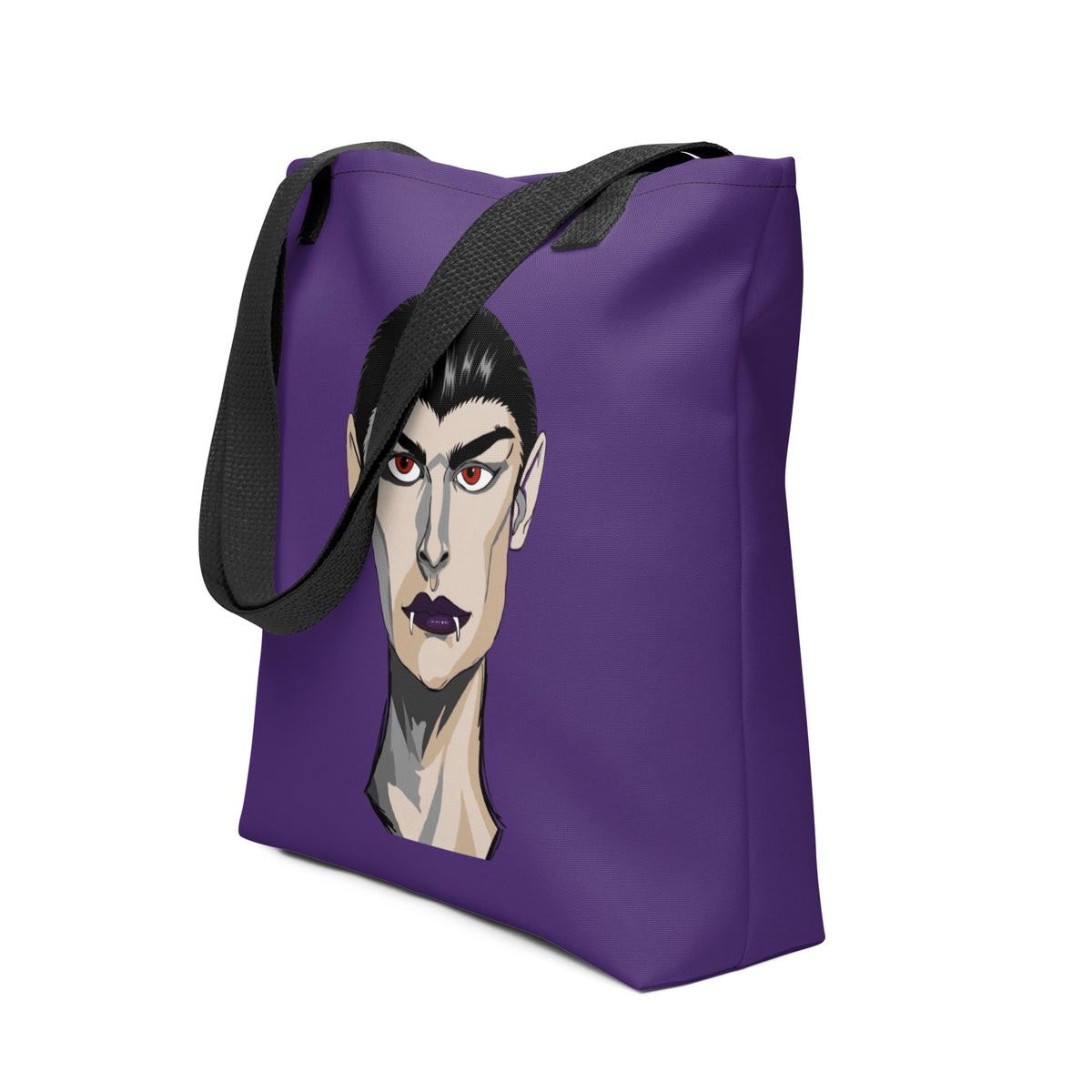Side view of a tote bag printed with the Emo Vamp vampire face, no model in the frame.