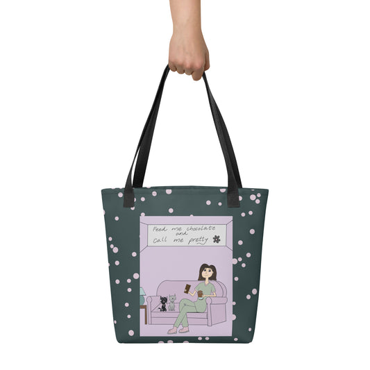 Feed Me Chocolate and Call Me Pretty all-over print tote bag being held by hand – cute girl and cats sarcastic design from GrungePup Gallery