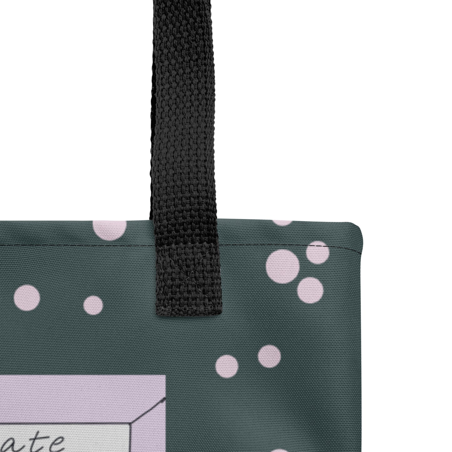 Close-up of Feed Me Chocolate and Call Me Pretty all-over print tote bag showing black strap and polka dot pattern – GrungePup Sarcastic Affirmations tote