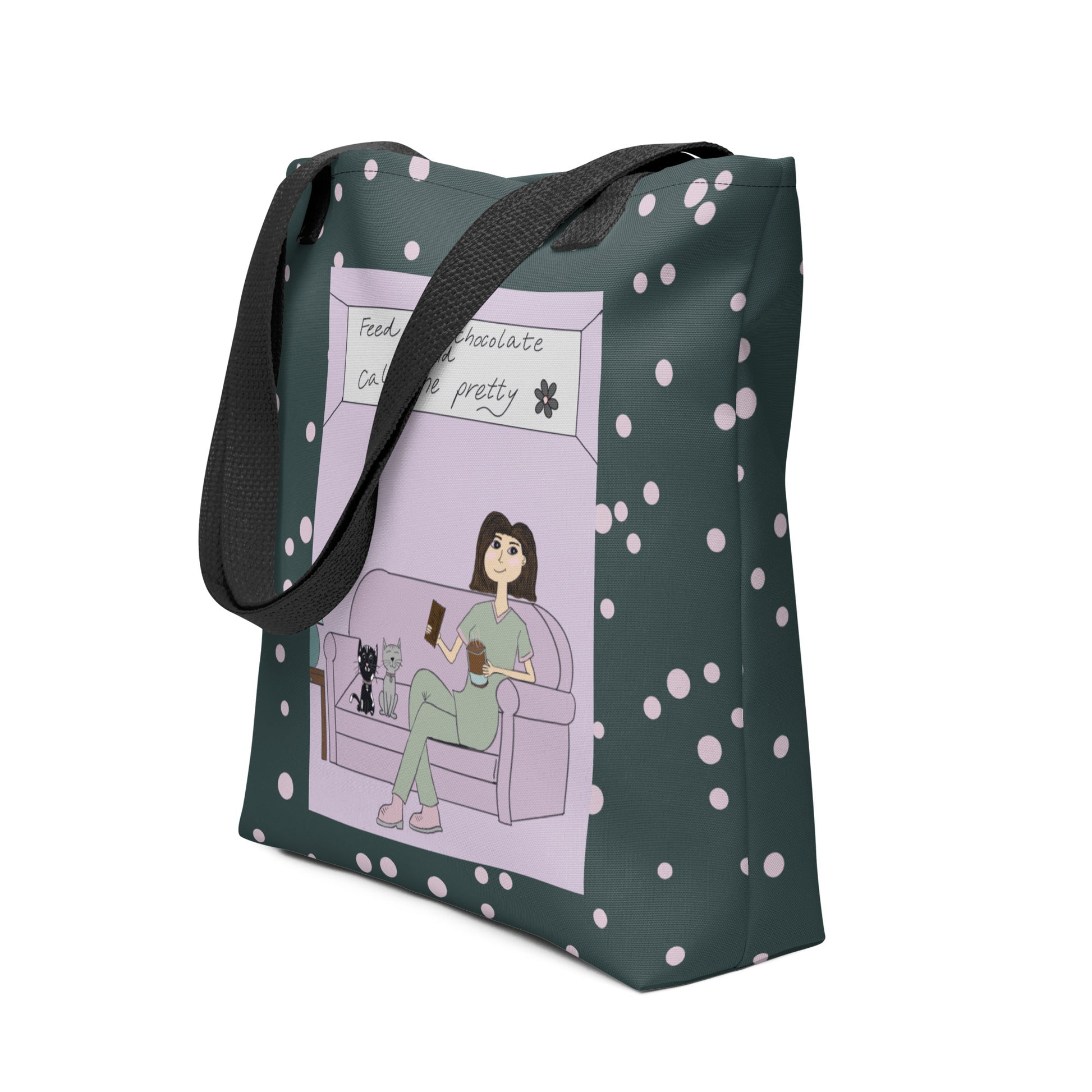 Feed Me Chocolate and Call Me Pretty rainbow/polka dot all-over print tote bag angled view with girl on couch design – GrungePup Sarcastic Affirmations
