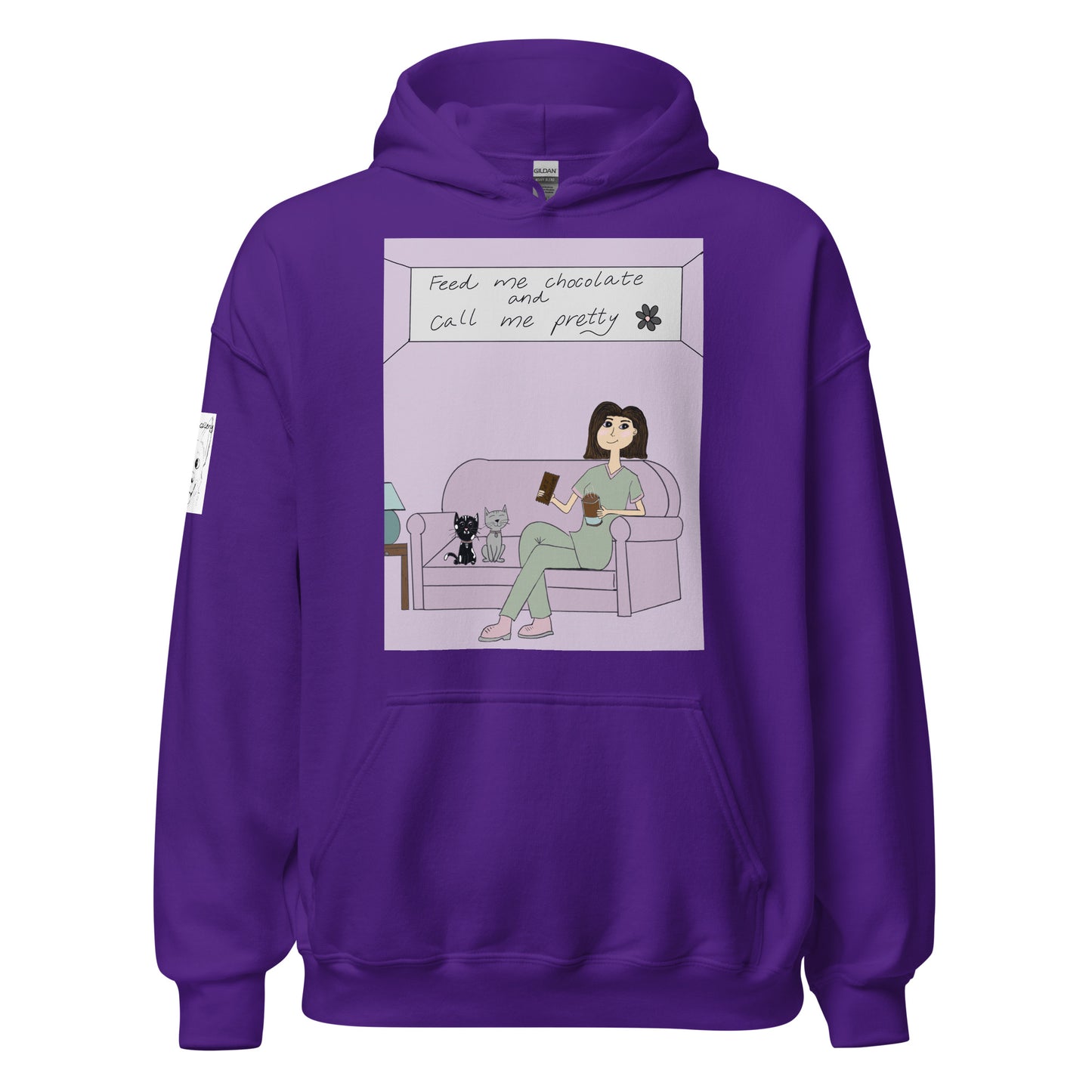 Feed Me Chocolate and Call Me Pretty purple hoodie with cute girl and cats illustration – sarcastic lazy vibes design from GrungePup Gallery