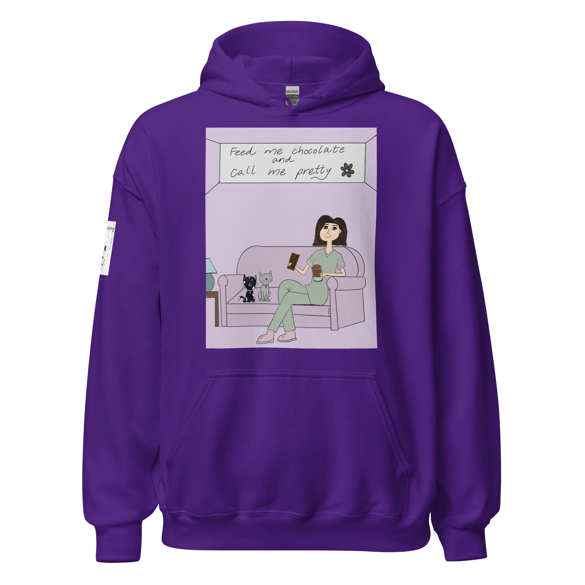 Feed Me Chocolate and Call Me Pretty purple hoodie with cute girl and cats illustration – sarcastic lazy vibes design from GrungePup Gallery
