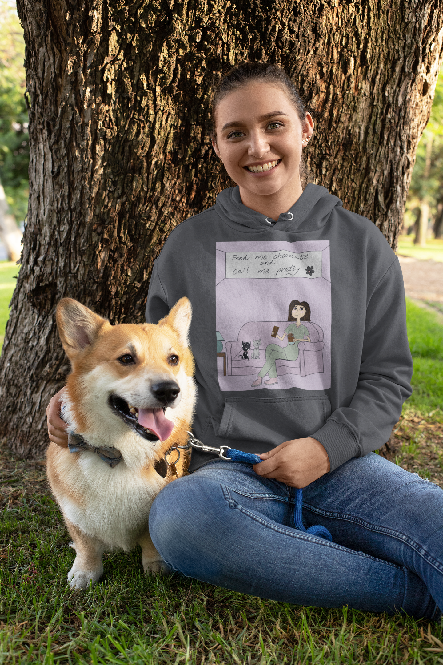 Woman sitting with dog wearing sport grey "Feed Me Chocolate and Call Me Pretty" hoodie – GrungePup Sarcastic Affirmations
