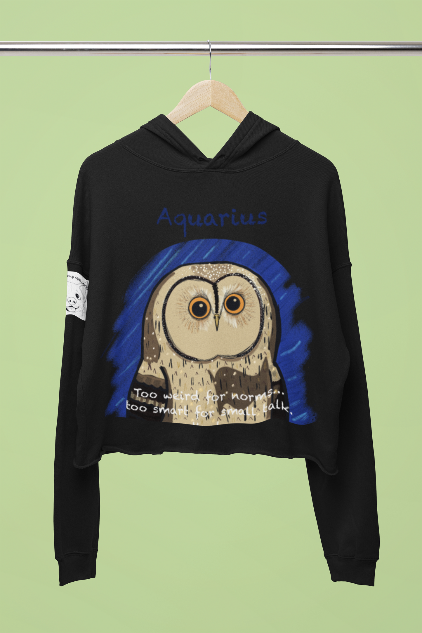 lack Bella + Canvas cropped hoodie featuring Aquarius owl design hanging on a hanger, flat front view