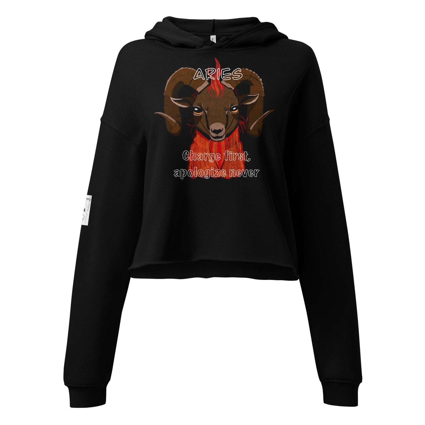 Black Bella + Canvas cropped hoodie with Aries ram design shown flat on a hanger, front view