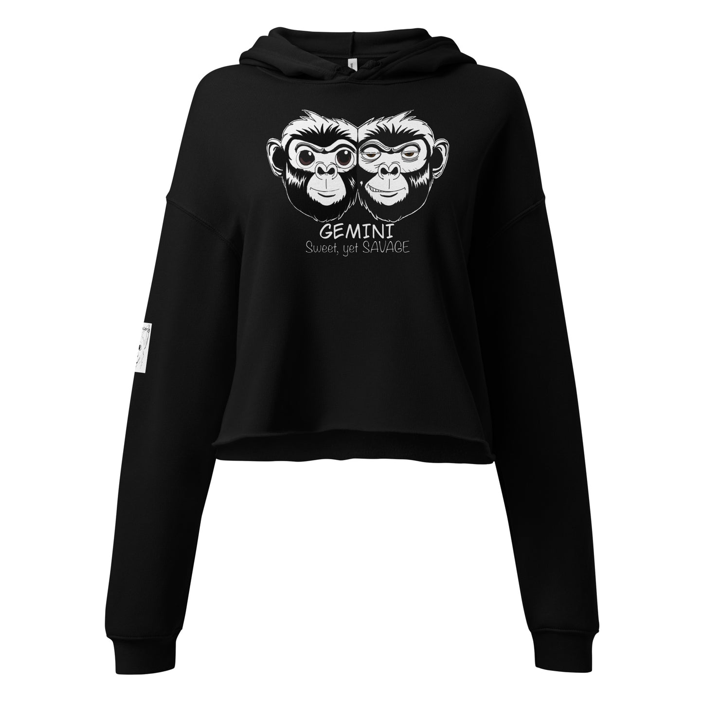 Flat lay view of the black Bella + Canvas cropped hoodie showing the Gemini Sweet Yet Savage monkey design