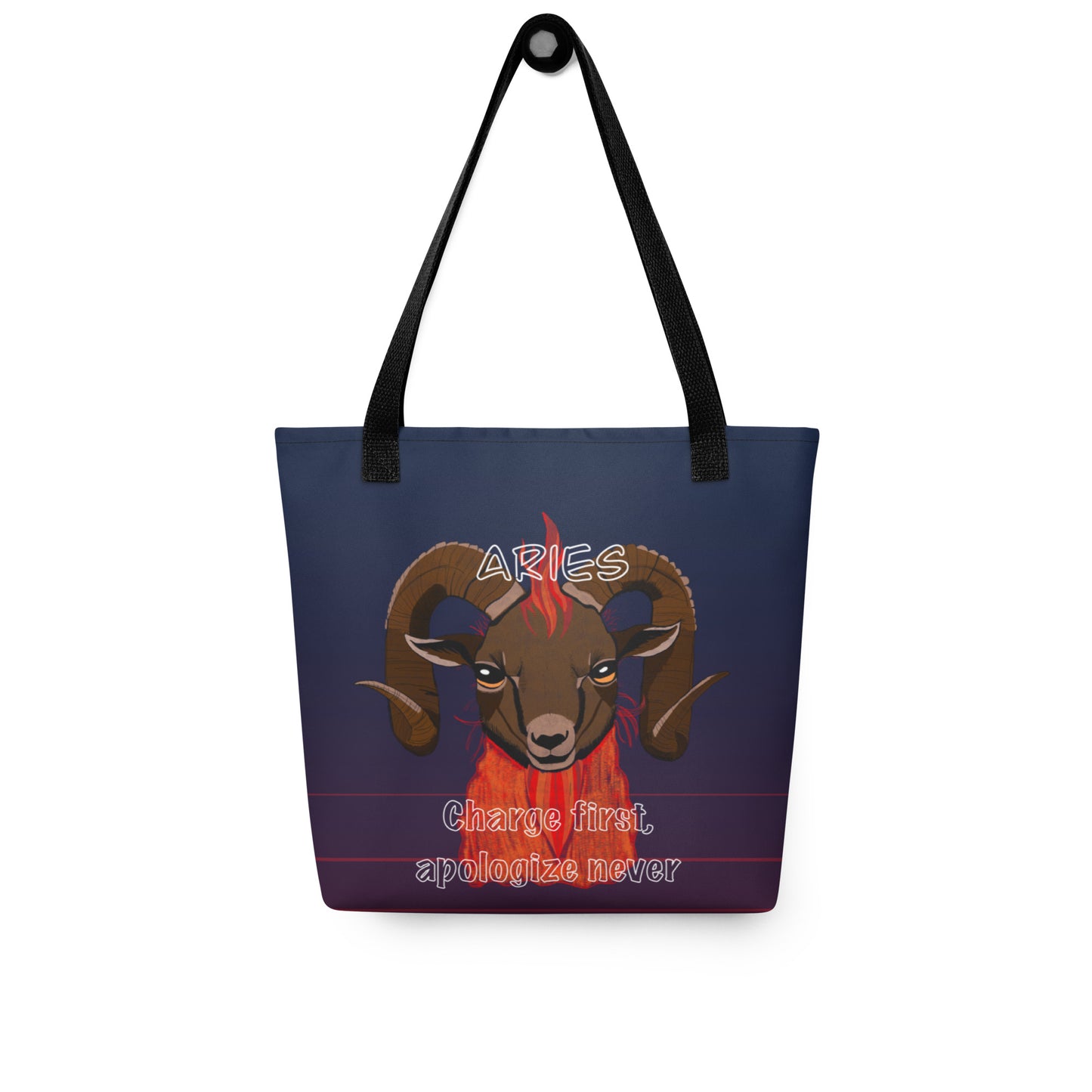 Flat lay of the blue front side of the Aries ram all-over print tote bag