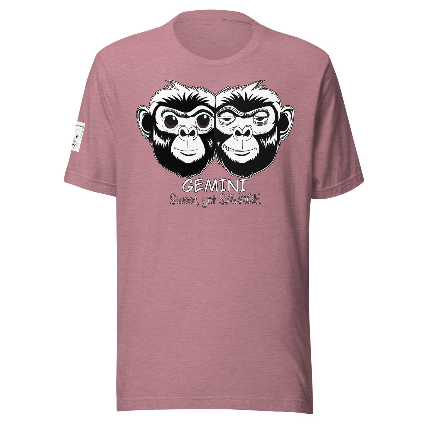 Flat lay view of the heather orchid Bella + Canvas t-shirt showing the Gemini monkey design