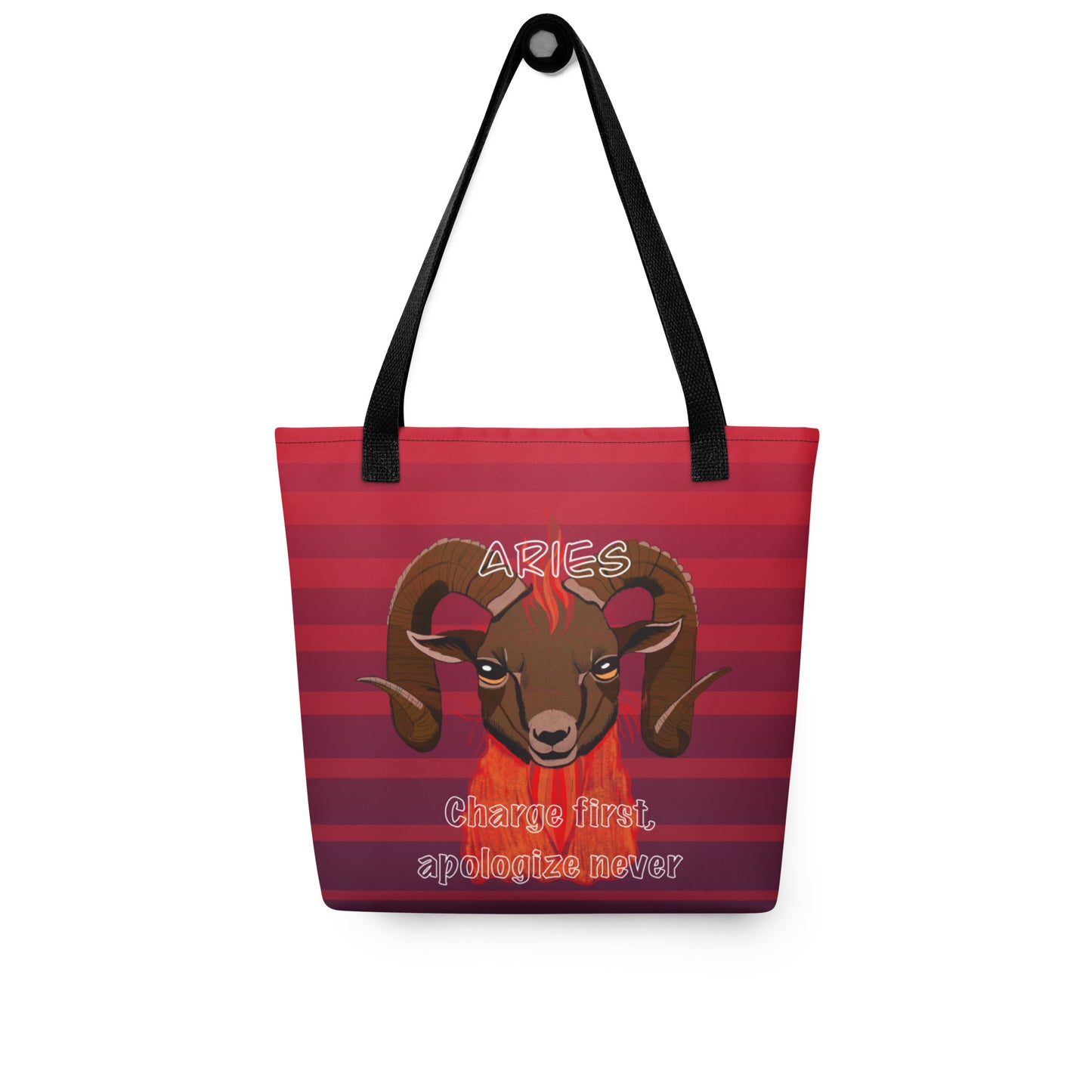 Flat lay of the red back side of the Aries ram all-over print tote bag