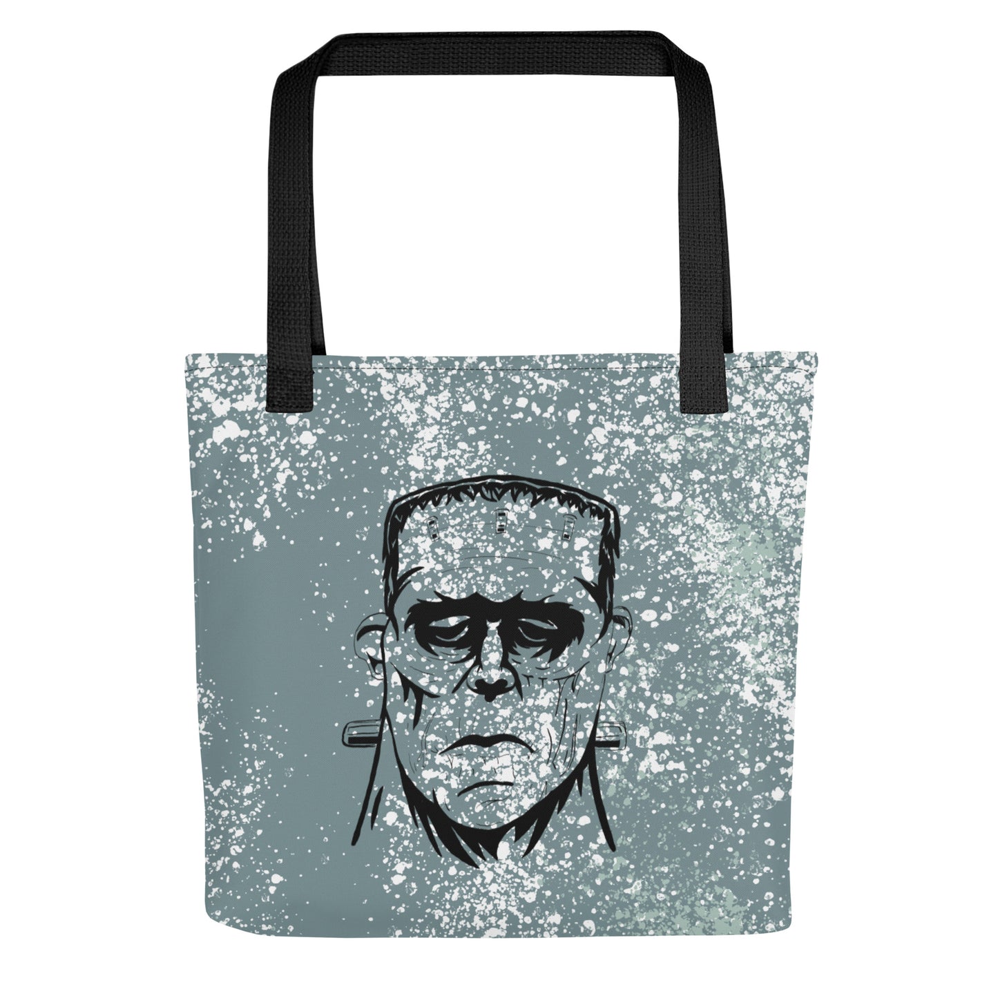 Front view of Frank's Monster all-over print tote bag showing repeating black and white Frankenstein face pattern