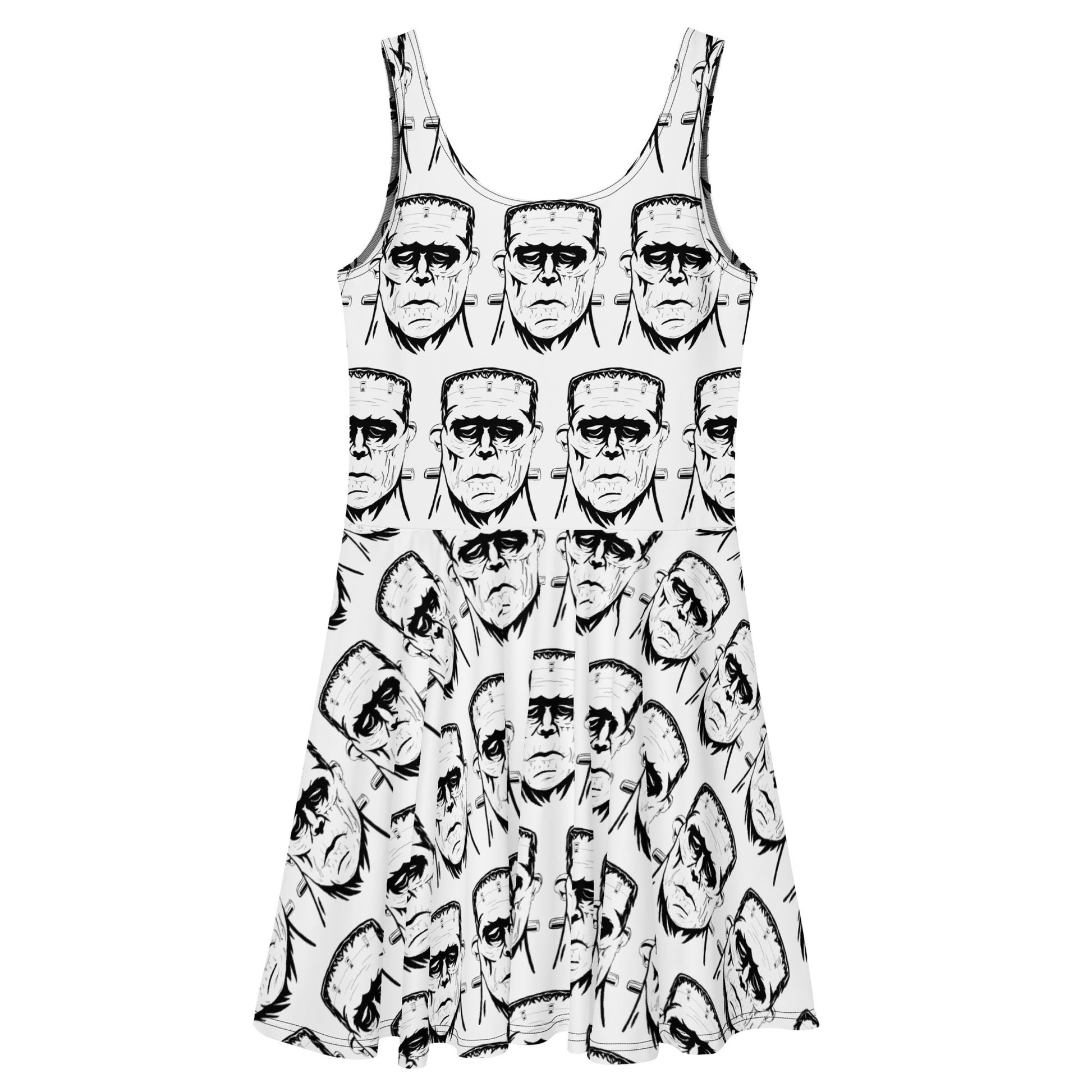 Back view of white skater dress with repeating black and white Frank's Monster all-over print pattern