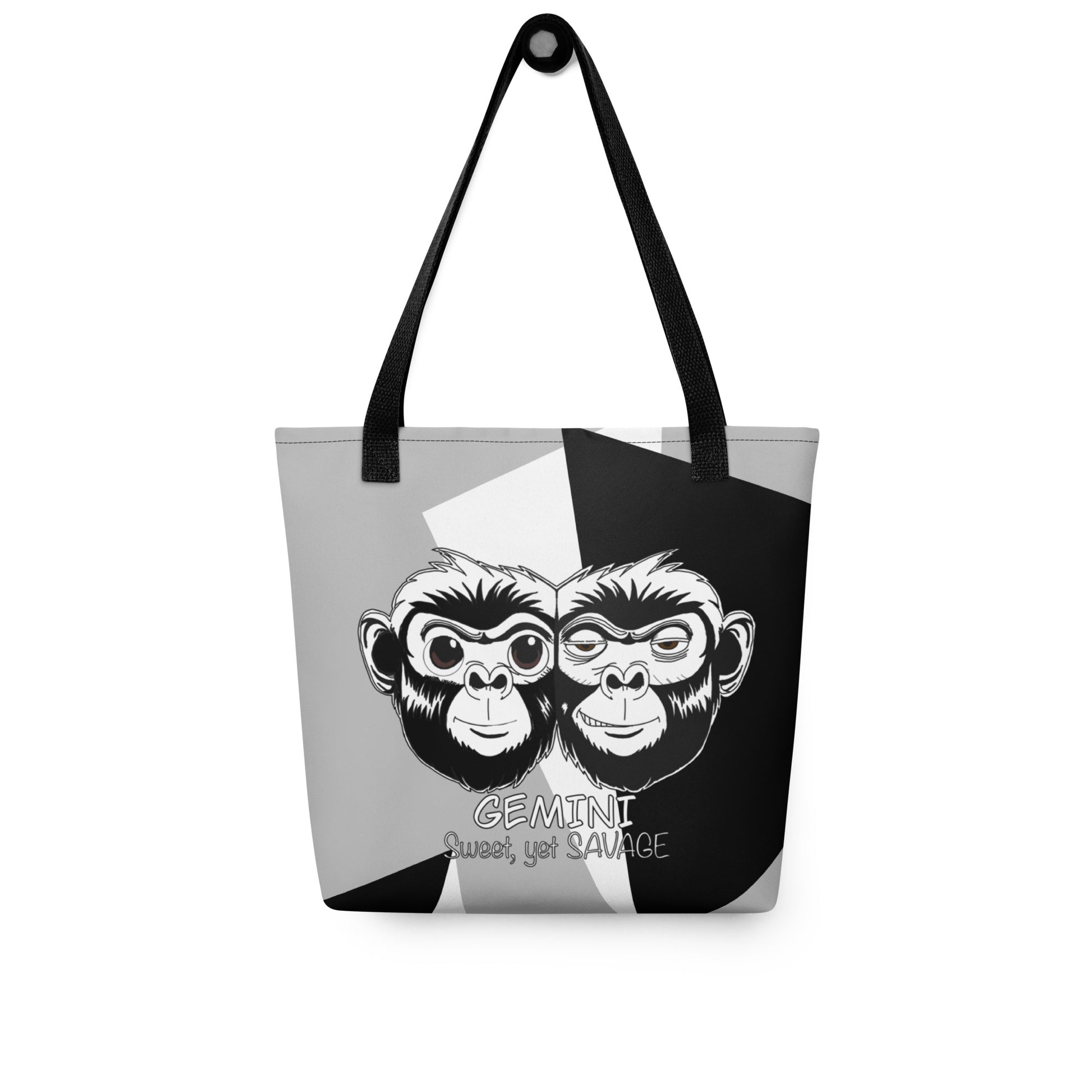 Front view of the Gemini monkey design on the black and white all-over print tote bag