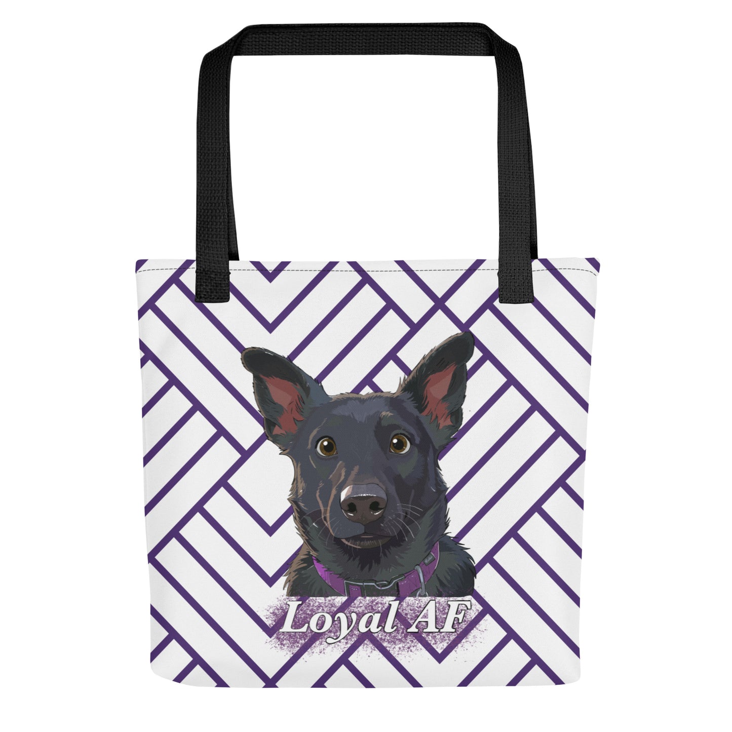 Front view of the Mathis Loyal AF tote bag showing the black dog portrait and purple Loyal AF text