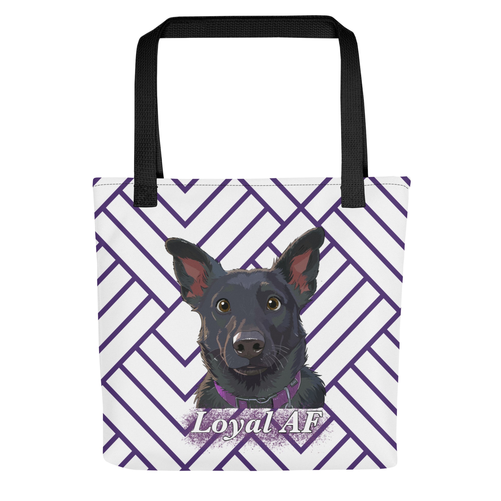 Front view of the Mathis Loyal AF tote bag showing the black dog portrait and purple Loyal AF text