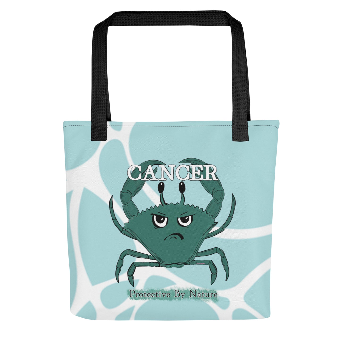 Front flat view of light blue all-over print Cancer "Protective By Nature" tote bag featuring the teal crab design