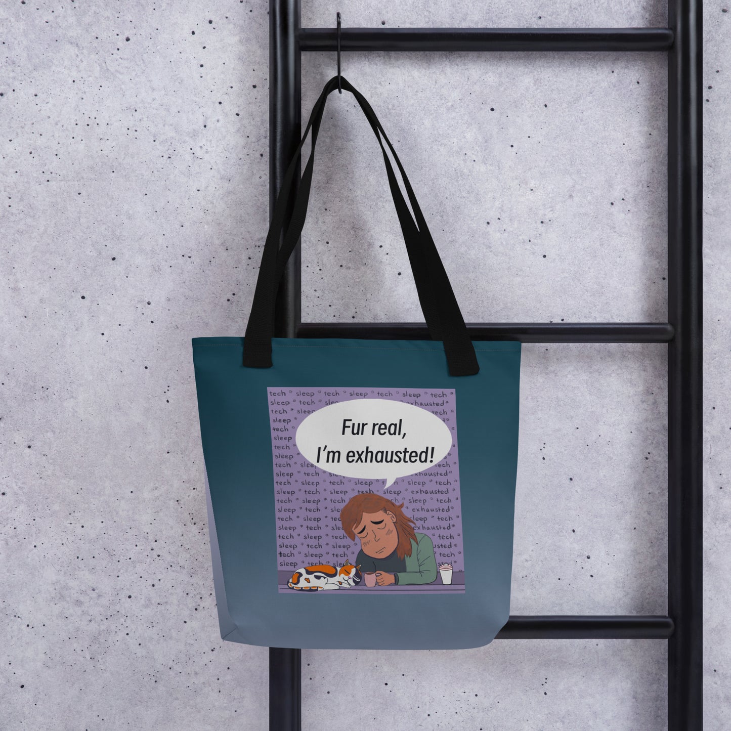 Fur Real, I'm Exhausted all-over print tote bag back view with repeating exhausted vet tech pattern – GrungePup Vet Chaos humor accessory