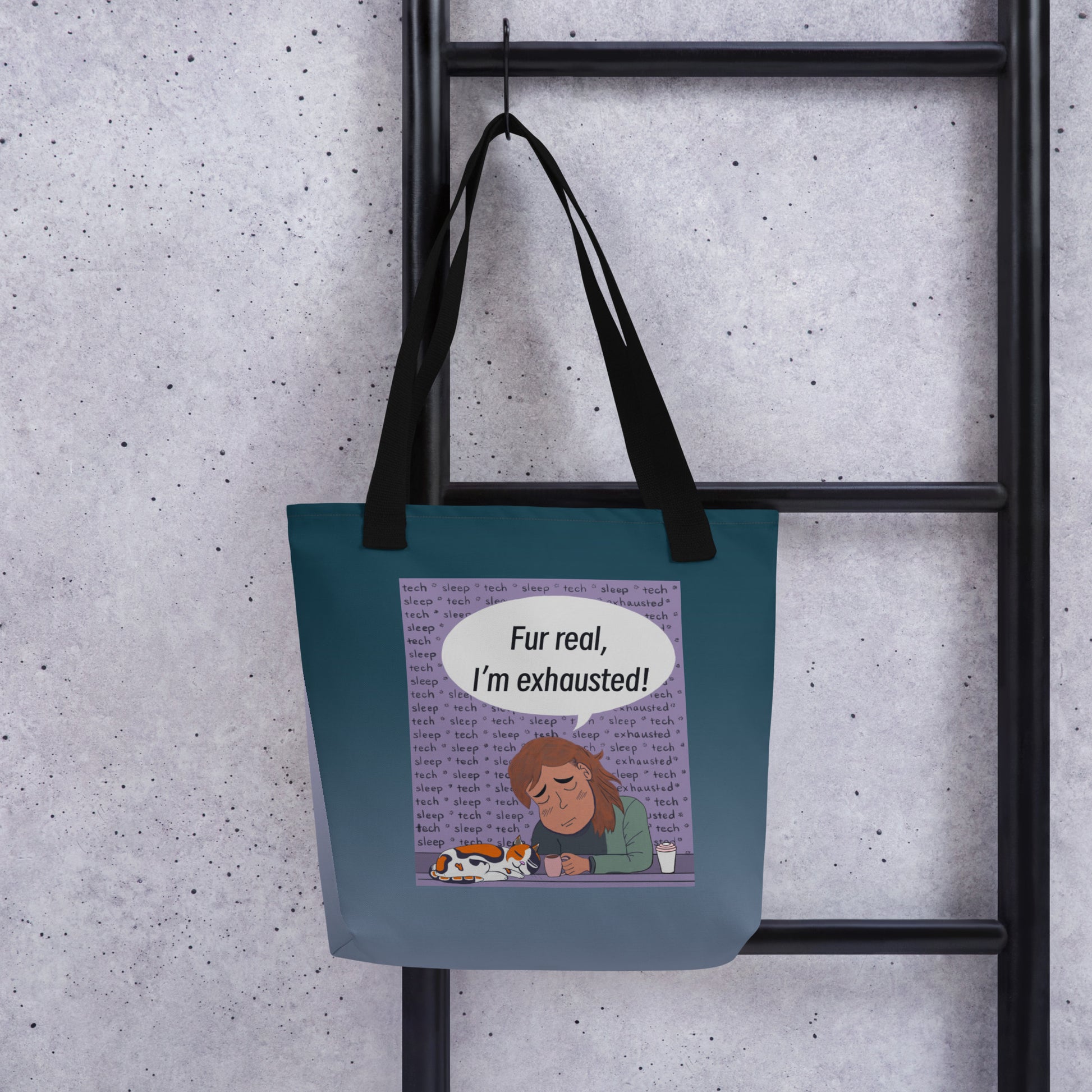 Fur Real, I'm Exhausted all-over print tote bag back view with repeating exhausted vet tech pattern – GrungePup Vet Chaos humor accessory
