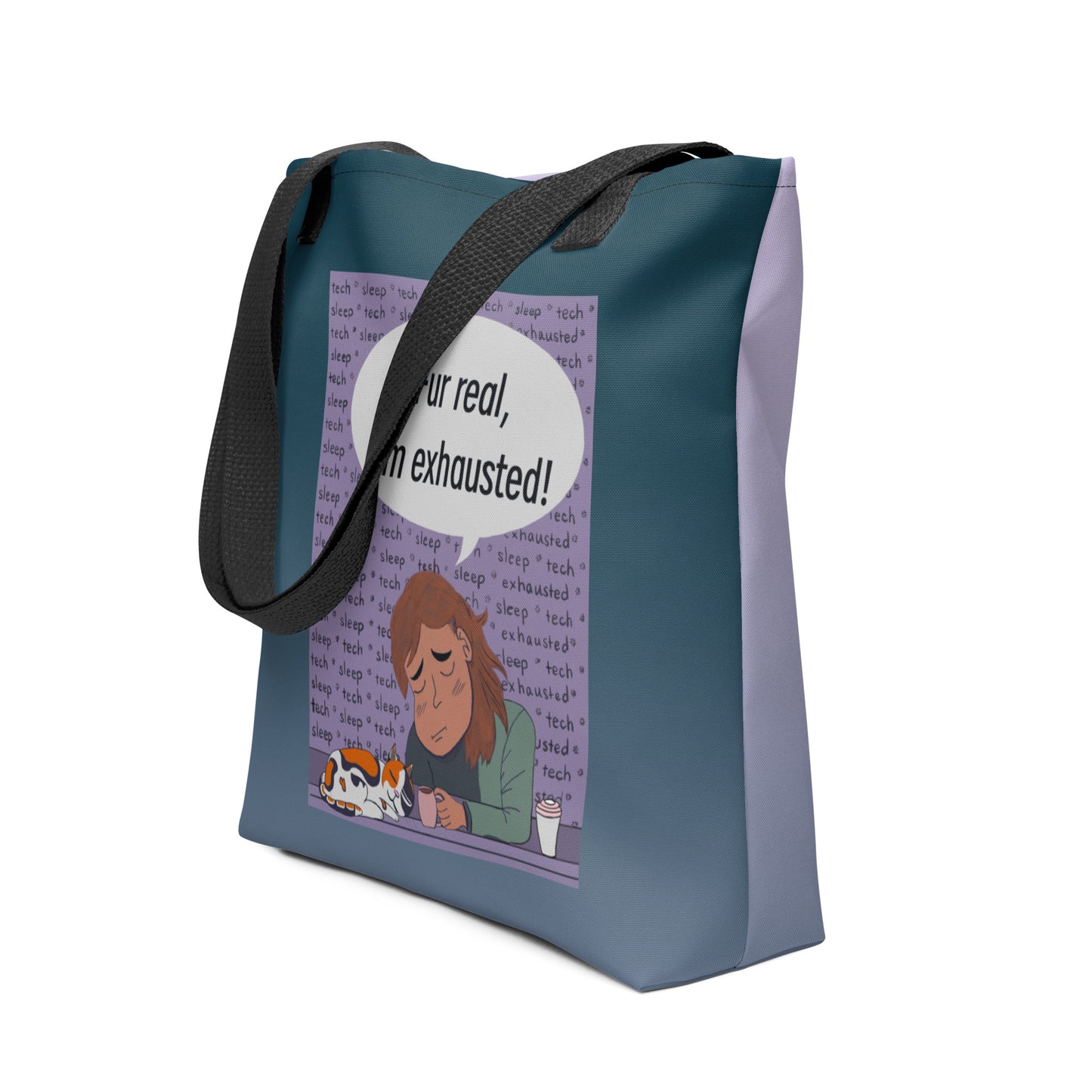 Fur Real, I'm Exhausted all-over print tote bag front/side view with tired vet tech and cat design – GrungePup Vet Chaos humor tote for veterinary professionals