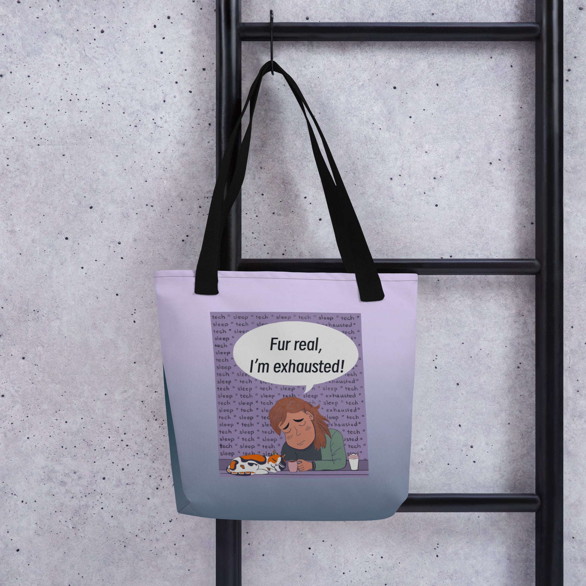 Fur Real, I'm Exhausted all-over print tote bag front view hanging on ladder – GrungePup Vet Chaos sarcastic vet tech design