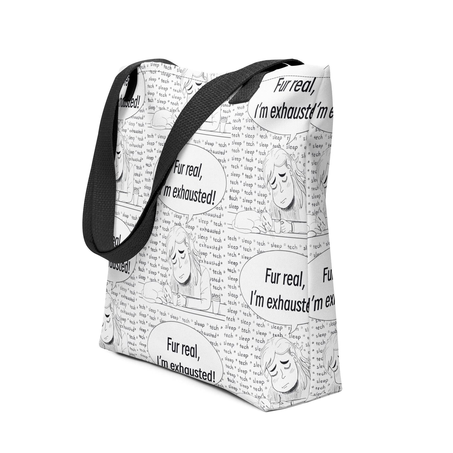 Fur Real, I'm Exhausted all-over print tote bag side angle view showing repeating exhausted vet design – GrungePup Vet Chaos accessory