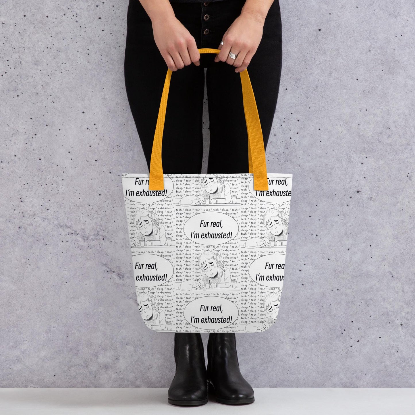 Fur Real, I'm Exhausted all-over print tote bag with yellow straps held by person – GrungePup Vet Chaos sarcastic vet tech design